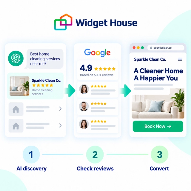 Three-stage path from AI recommendation to Google review verification and website conversion