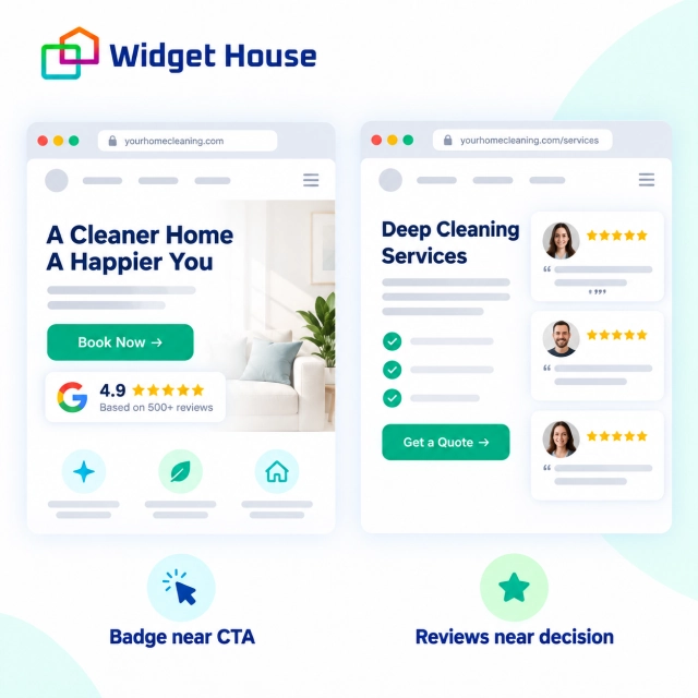 Website examples showing a Google review badge near a call to action and review cards beside a service decision