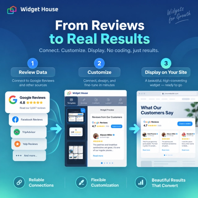 Review sources flowing through Widget House into a website review section