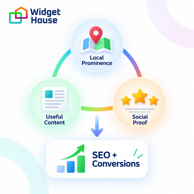 Final SEO framework showing local prominence, useful website content, and conversion-focused social proof
