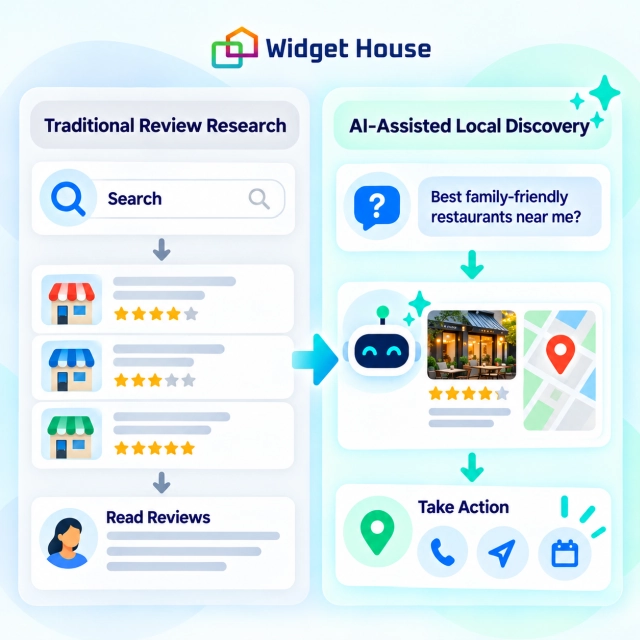 Traditional review research compared with an AI-assisted local discovery journey from question to action