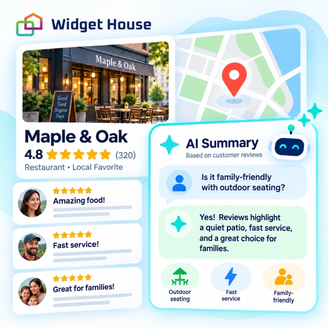 Google Maps AI summary of customer review themes beside a local business profile and review cards