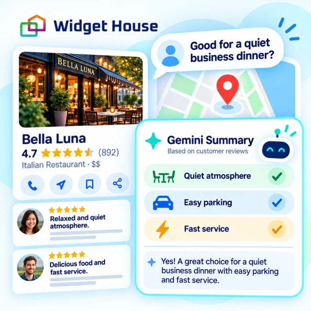 Gemini-powered Google Maps summary answering a business dinner question with themes from customer reviews