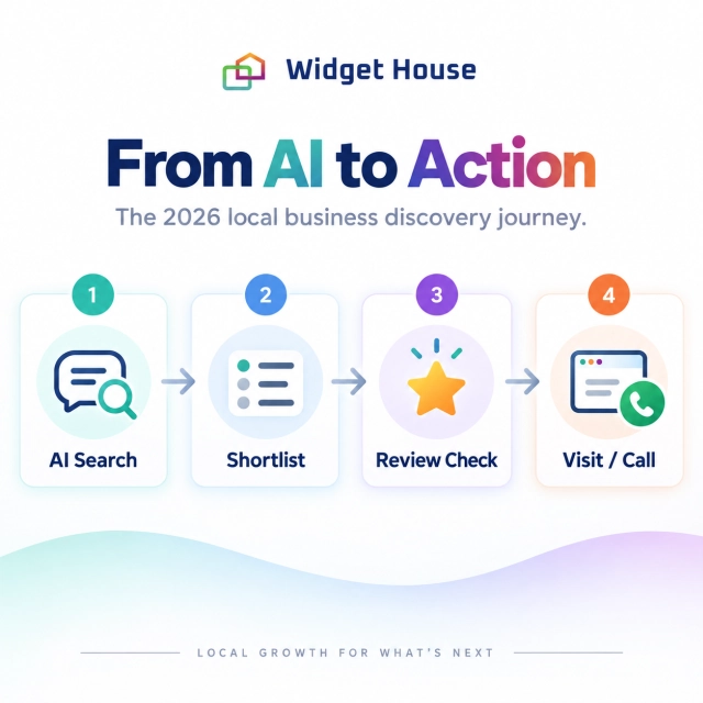 Four-stage local customer journey from conversational AI search to shortlist, review verification, and business action