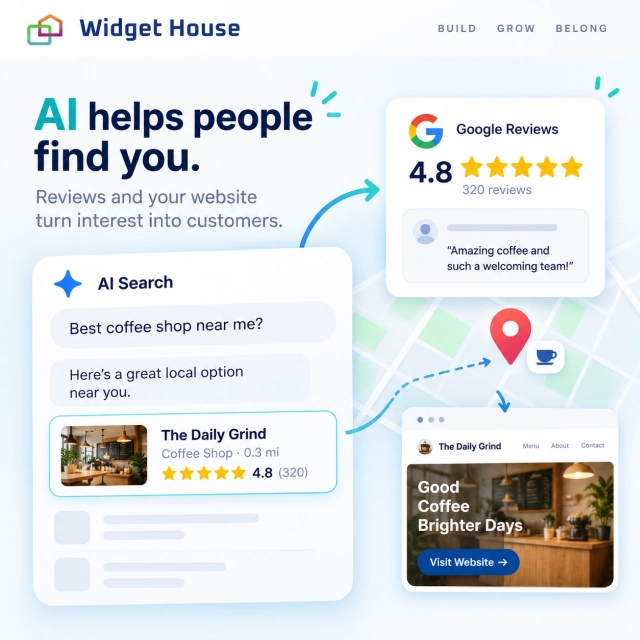 Google review badge and review cards placed beside high-intent calls to action on a local business website