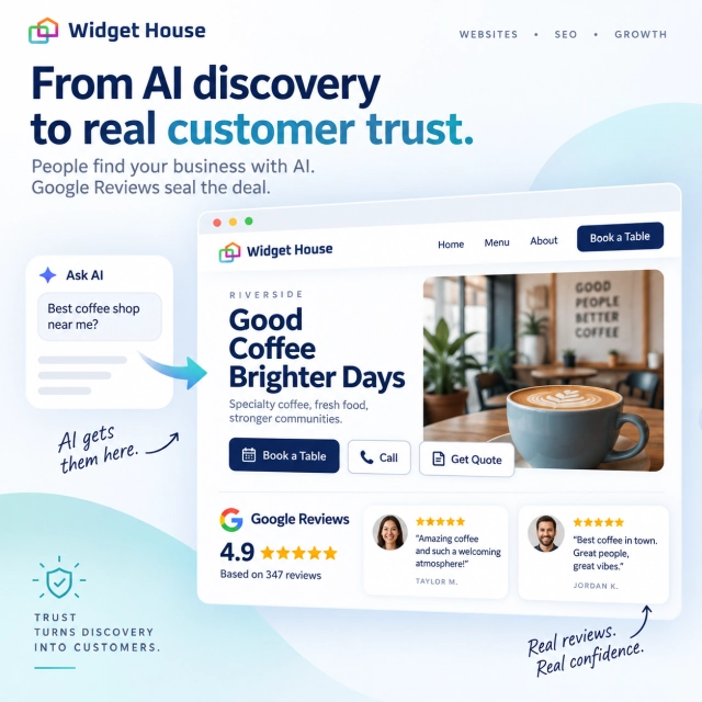 AI search recommending local businesses alongside Google ratings, reviews, and a business website