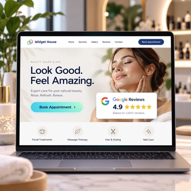 Illustrative beauty salon and spa website with a Google Reviews badge beside a Book Appointment button