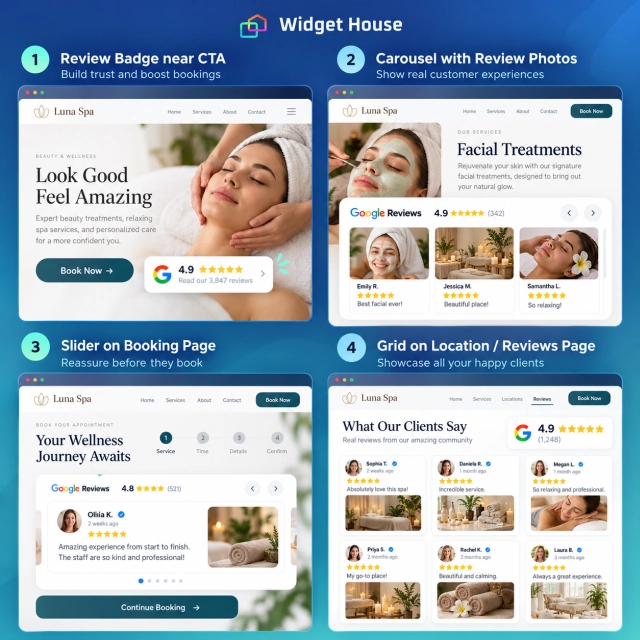 Illustrative spa pages using a Google Reviews Badge, Carousel Photos, Slider, and Grid near booking and service information