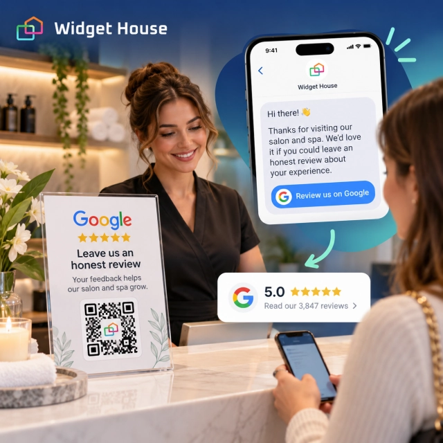 Illustrated salon checkout with an honest-review QR display and a follow-up message inviting customer feedback