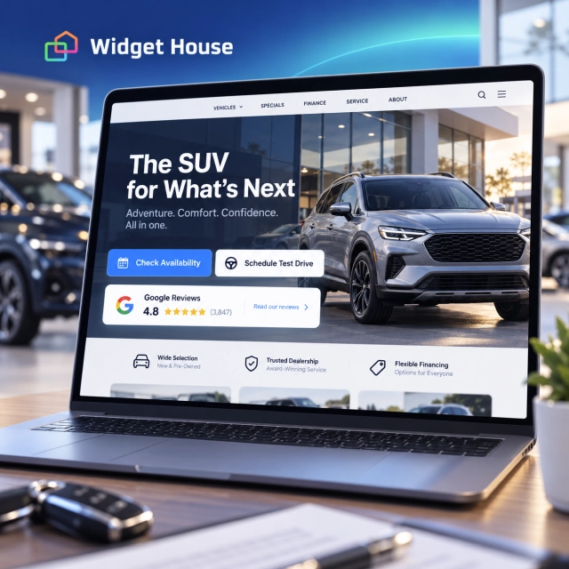 Illustrative car dealership website with a Google Reviews badge beside Check Availability and Schedule Test Drive buttons