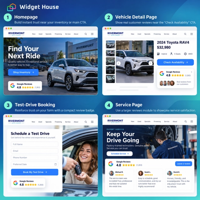 Illustrative dealership homepage, vehicle detail page, test-drive form, and service page using Google Reviews layouts
