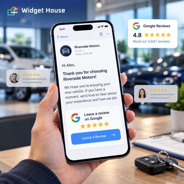 Illustrative dealership thank-you email inviting a Google review after a vehicle purchase