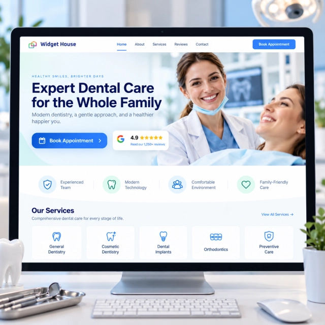 Illustrative dental clinic website with a Google Reviews badge beside a Book Appointment button