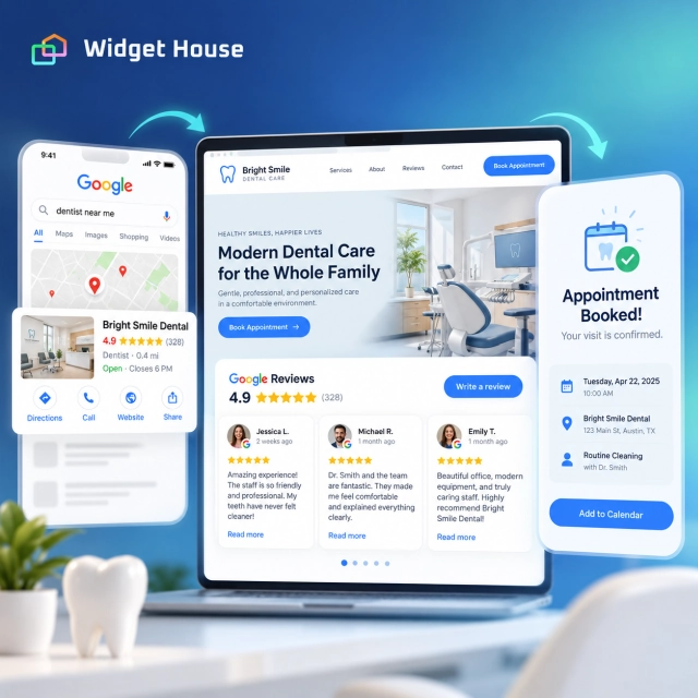 Illustrated patient journey from Google Maps to a dental clinic website, review verification, and appointment booking