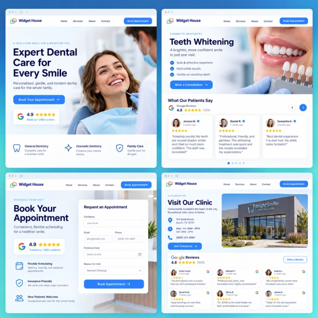 Illustrative dental homepage, treatment, appointment, and location pages using different Google Reviews layouts