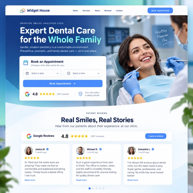 Illustrative dental website with an aggregate Google Reviews badge near booking and a separate reviews section