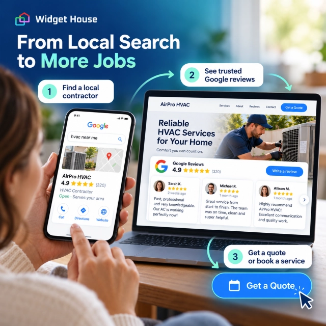 Illustrated homeowner journey from Google local search to contractor reviews and a service quote request