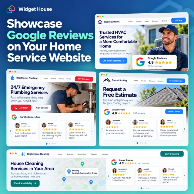 Illustrative HVAC, plumbing, roofing, and cleaning pages using Google Reviews near contact and estimate actions