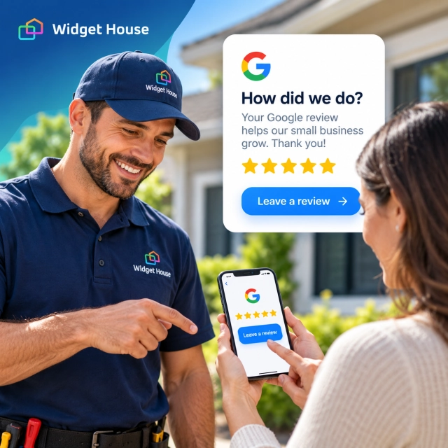 Illustration of a technician and homeowner with a Google review invitation after a home-service job