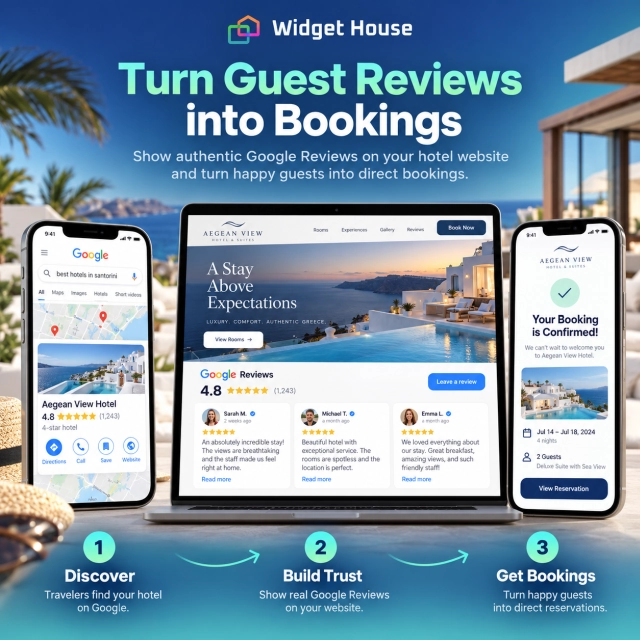 Illustrated guest journey from Google Maps to a hotel website with reviews and a direct booking confirmation