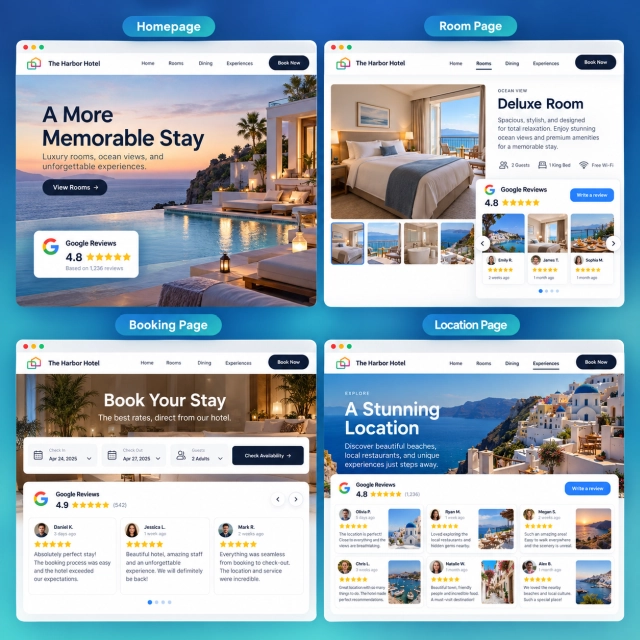 Illustrative hotel homepage, room, booking, and location pages using Google Reviews badges and review cards