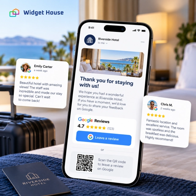 Illustrated post-stay hotel thank-you message with a Google review link, QR code, and guest review cards