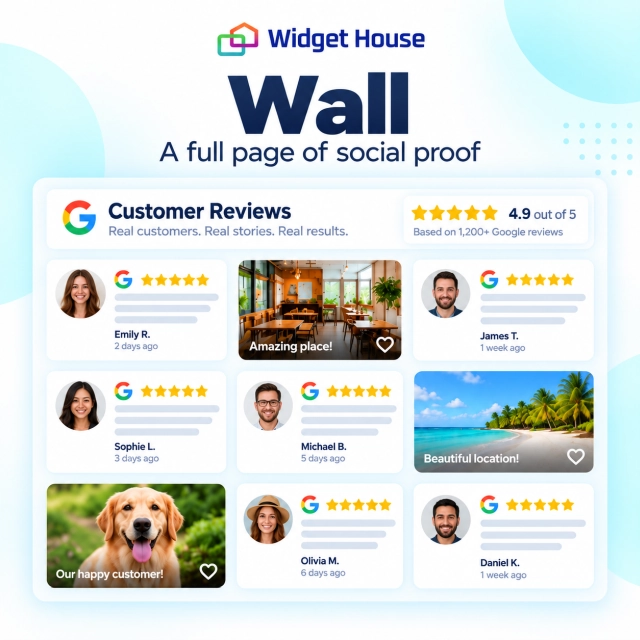 Google Reviews Wall combining review cards and customer photos on a dedicated reviews page