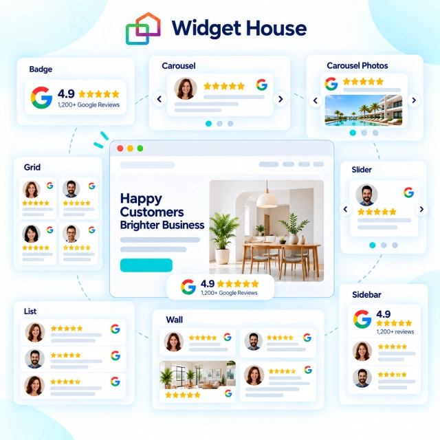 Eight Google Reviews widget layouts shown around a sample website page