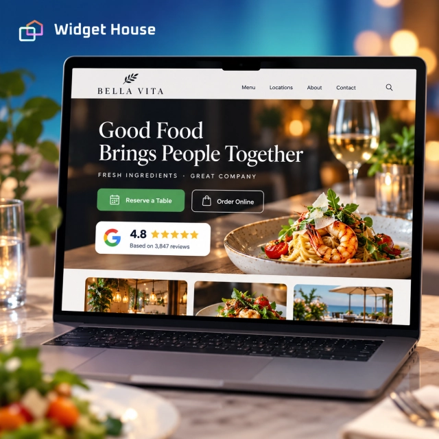 Illustrative restaurant website with a Google Reviews badge beside Reserve a Table and Order Online buttons