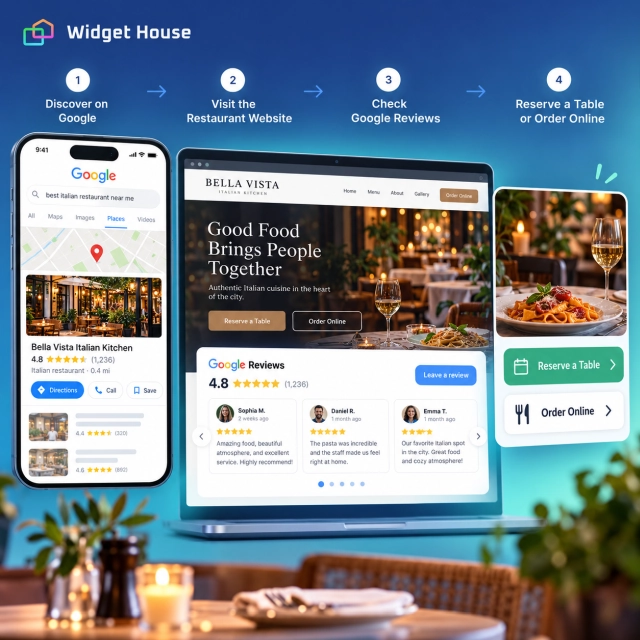 Illustrated guest journey from Google discovery to a restaurant website, review verification, and reservation or order