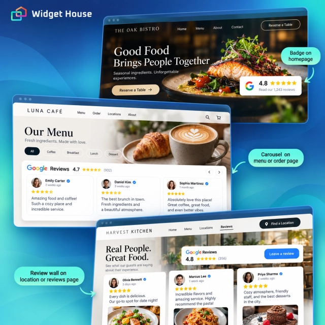 Illustrative restaurant and café pages using a Google Reviews Badge, Carousel, and photo review wall