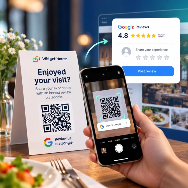 Restaurant table card inviting honest Google reviews with a QR code being scanned on a phone