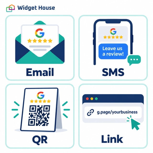 Email, SMS, QR code, and direct link options for requesting Google reviews