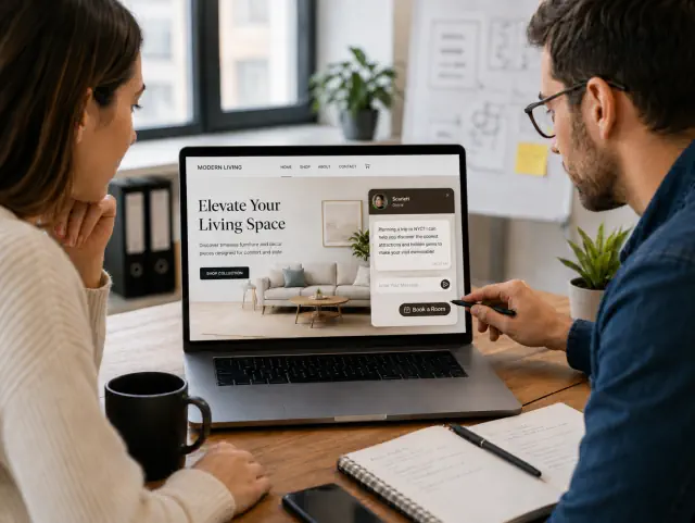 Business team reviewing a branded WhatsApp chat widget on a website interface