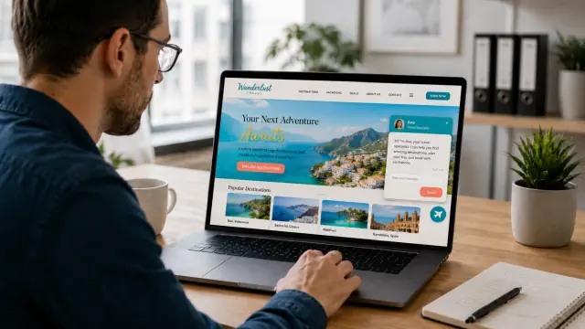 Travel website on a laptop with a branded chat widget styled to match a bright color palette