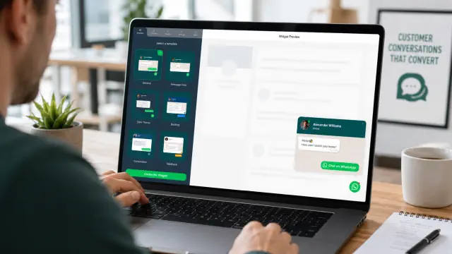 No-code WhatsApp chat widget builder with template selection and live widget preview