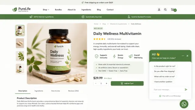 Product page with a branded chat widget matched to a natural green wellness design