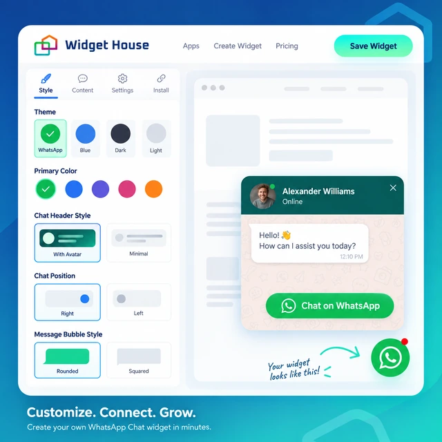 Website preview showing a WhatsApp chat widget adjusted to match the page branding and layout