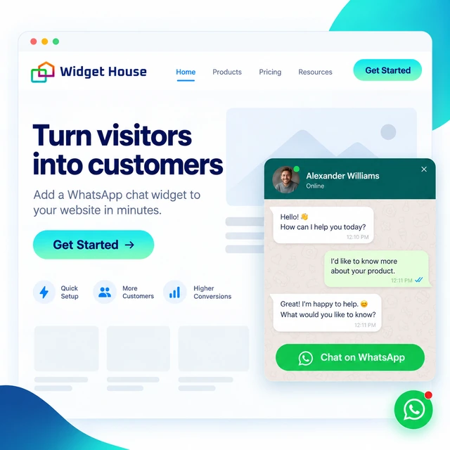 Branded website interface with a customized WhatsApp chat widget integrated into the page