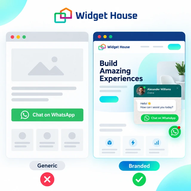 Side-by-side comparison of a generic WhatsApp chat button and a brand-matched website widget