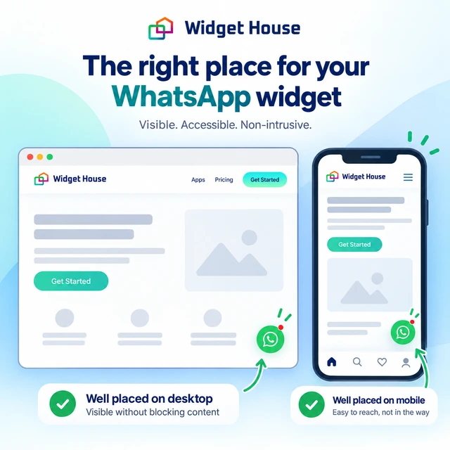 Desktop and mobile website layouts showing a WhatsApp widget positioned without covering important interface controls